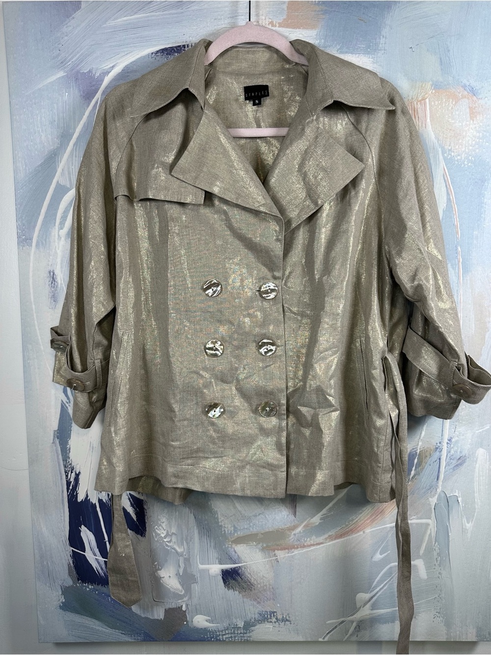 Staples 100% Linen Metallic Pale Gold Beige Shimmer Jacket Small Shell Buttons